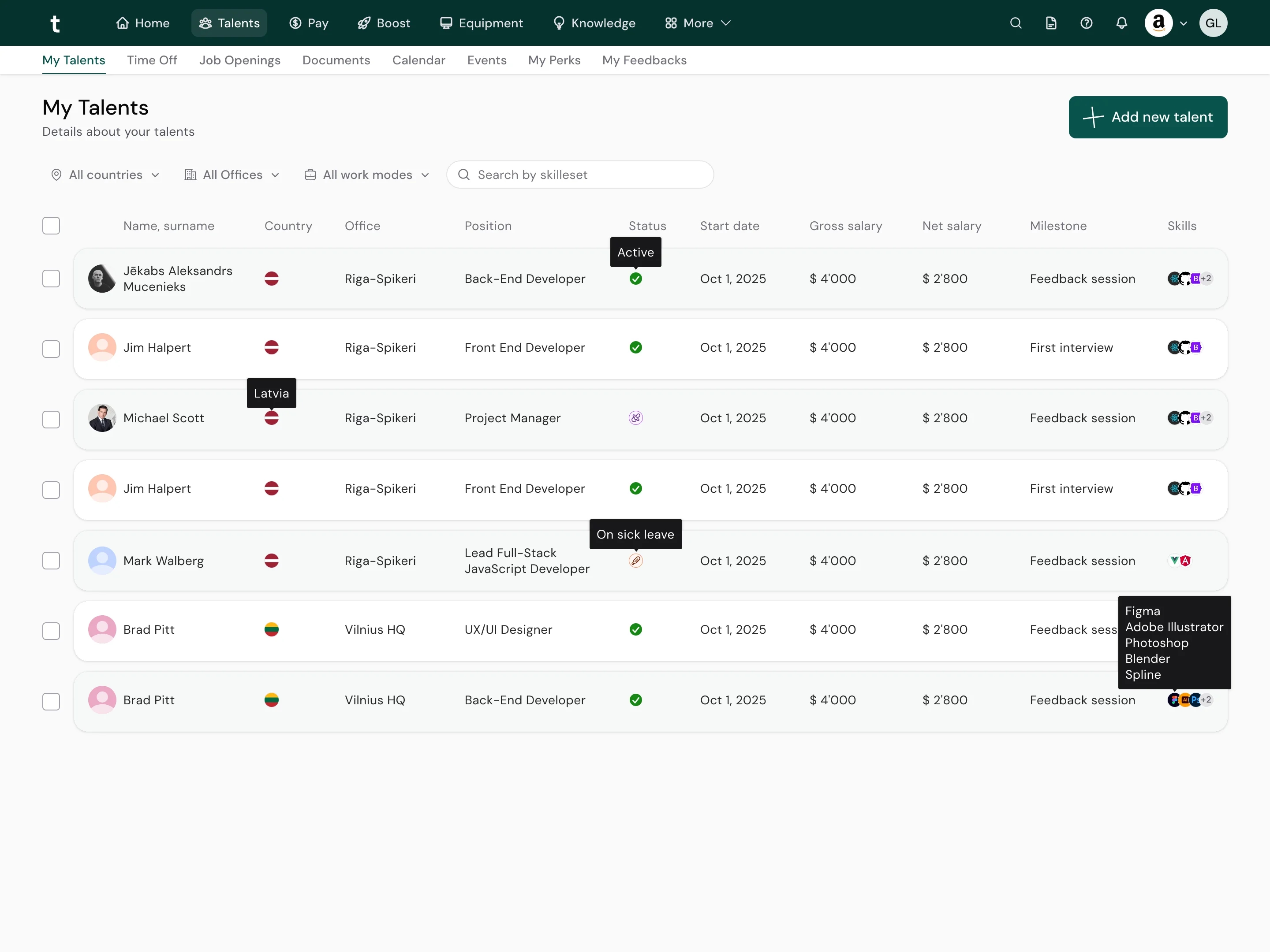 Talzy platform - My Talents roster with engineer status, salary and skills