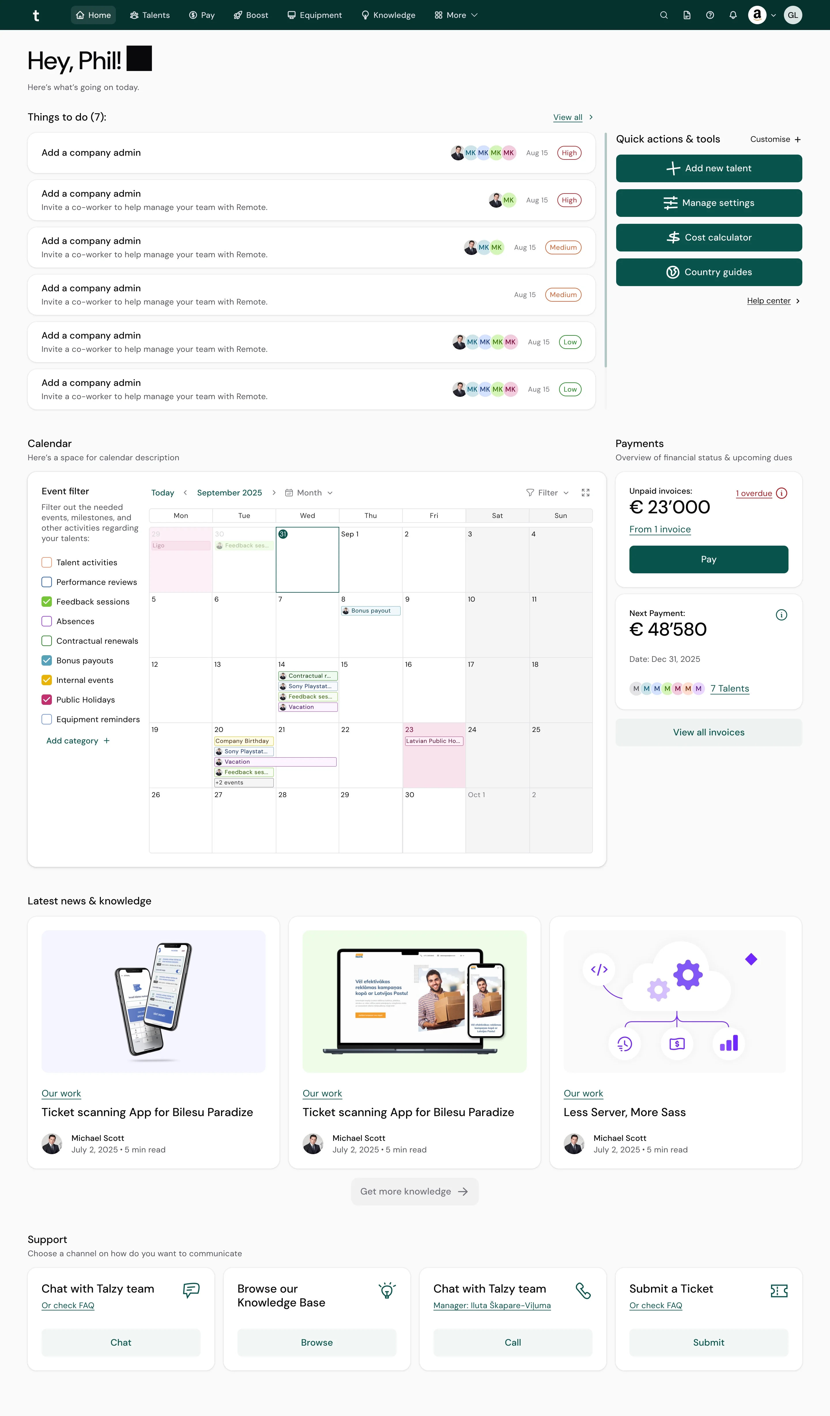 Talzy platform dashboard - Things to do, team calendar, payments, and quick actions